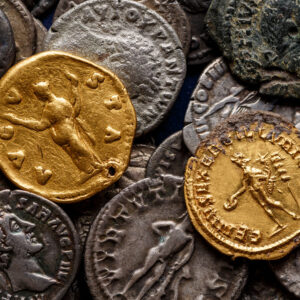 A treasure of Roman gold and silver coins.Trajan Decius. AD 249-251. AV Aureus.Ancient coin of the Roman Empire.Authentic  silver denarius, antoninianus,aureus of ancient Rome.Antikvariat.